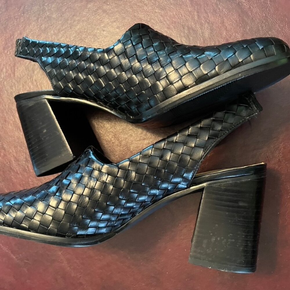 Black Woven Leather Sling-Back shoes.  Size 9.  3"heel